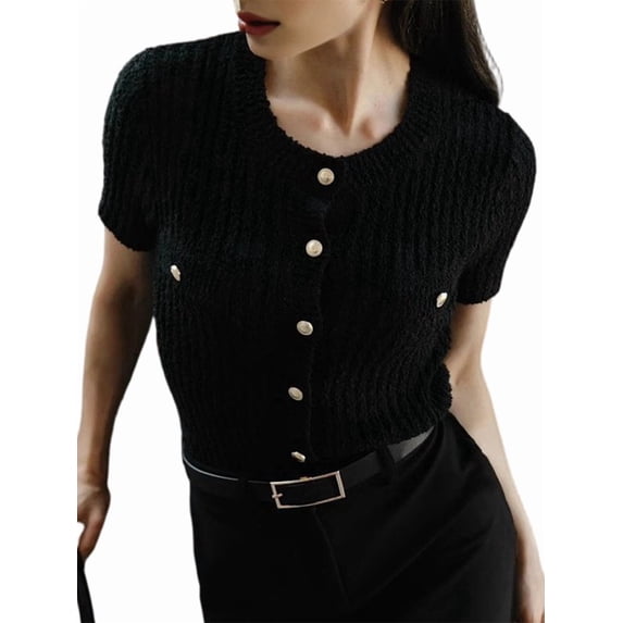 Women's Casual Summer Short Sleeve Cardigan Button Down Knitted Sweater Basic Crew Neck Crop Tops Black S