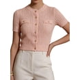 thumbnail image 1 of Women's Casual Summer Short Sleeve Cardigan Button Down Knitted Sweater Basic Crew Neck Crop Tops Pink L, 1 of 7