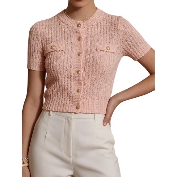 Women's Casual Summer Short Sleeve Cardigan Button Down Knitted Sweater Basic Crew Neck Crop Tops Pink L