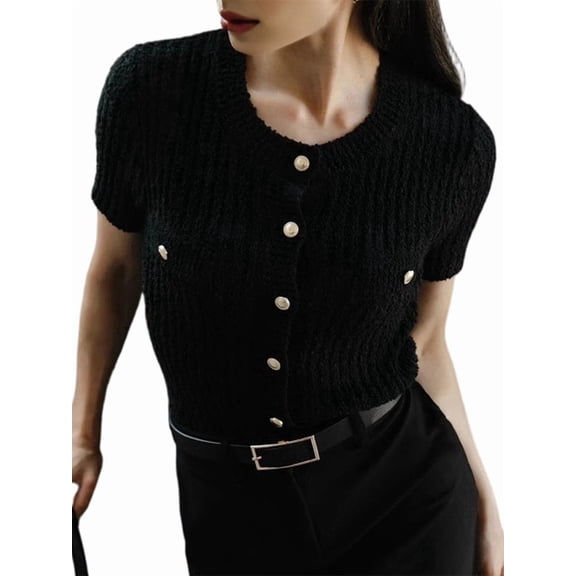 Women's Casual Summer Short Sleeve Cardigan Button Down Knitted Sweater Basic Crew Neck Crop Tops