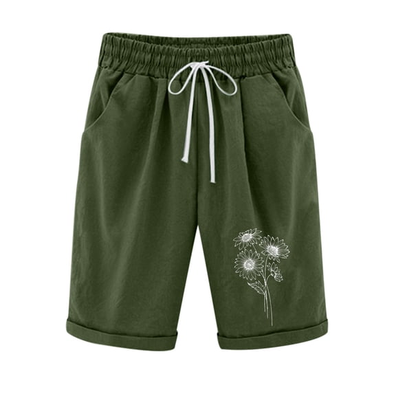 Women's Casual Summer Shorts Drawstring Elastic Waist Short Pants with Pockets Cotton Linen Summer Loose Plain Shorts Comfy Beach Holiday Wide Leg Lounge Shorts for Ladies Plus Size 22 Army Green