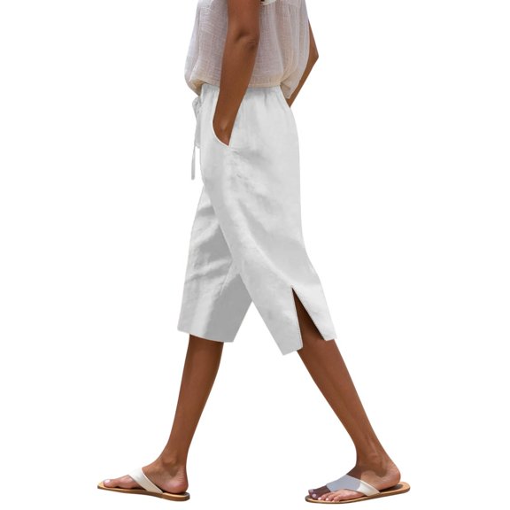 Women's Casual Summer Shorts Elastic Waist Side Slit Drawstring Lightweight Breathable Pants with Pockets for Beach Outfits