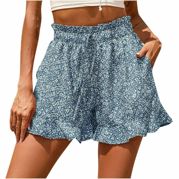 Women's Casual Summer Shorts Ruffle Floral Printed Elastic Waist Drawstring Loose Comfy Beach Shorts with Pockets