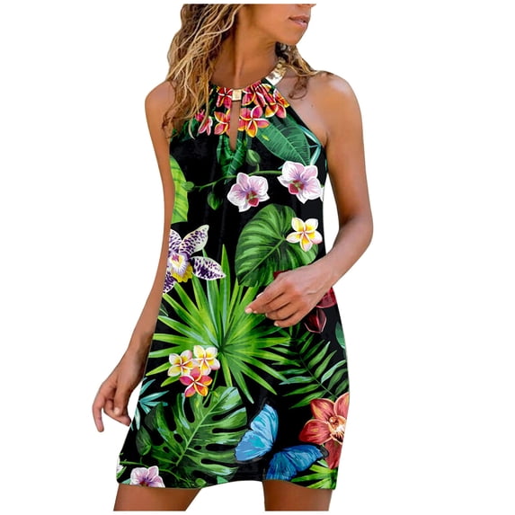 Women's Casual Summer Sleeveless Hollow Out Floral Printed Sundress Metal Halter Neck Boho Beach Party Mini Dress