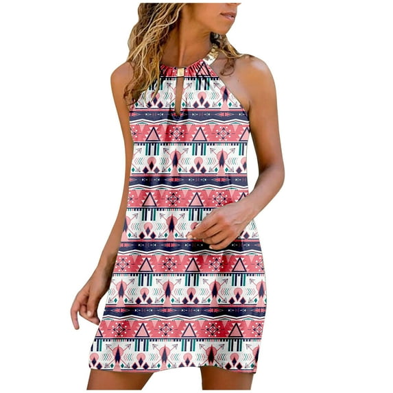 Women's Casual Summer Sleeveless Hollow Out Floral Printed Sundress Metal Halter Neck Boho Beach Party Mini Dress