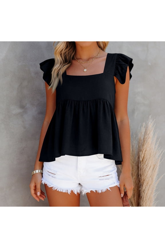 Women's Casual Summer Square Neck Tank Tops Ruffle Strap Sleeveless Peplum Blouse Solid Color Top Shirts Black S
