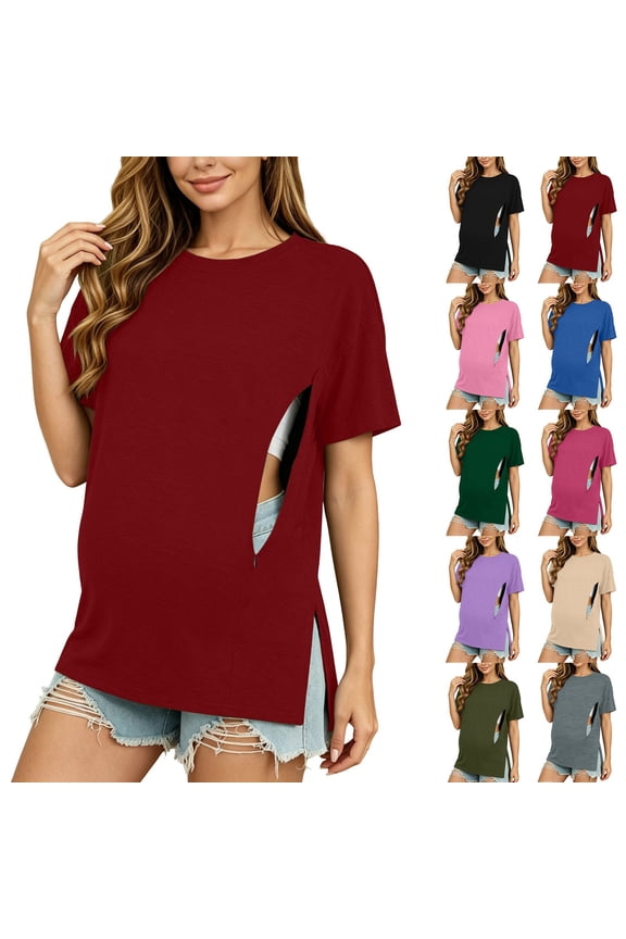 Women's Casual Summer Tops Short Sleeve Maternity Shirt Hidden Zippers Nursing Friendly Blouse