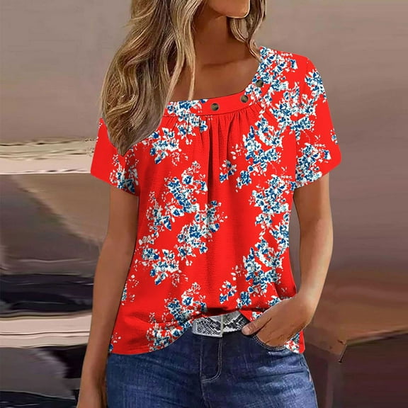Women's Casual Summer Tunic Tops Short Sleeve Loose Fit Shirts For Leggings Red M