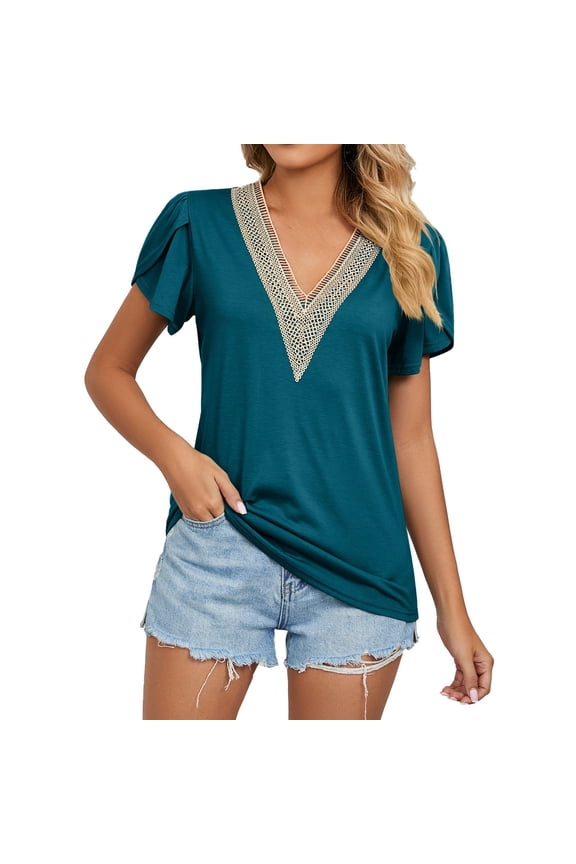 Women's Casual Summer V Neck Solid Color Hollow Gold Lace Stitching Short Sleeve Loose T Shirt Top T Shirts Spandex Athletic T Shirt Women Large Woman Shirt Athletic Women Shirt Juniors Long Shirt