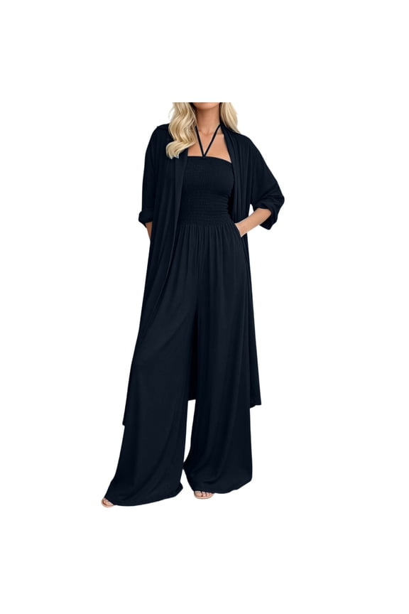 Women's Casual Summer Wide Leg Jumpsuit and Jacket Lightweight Two Piece Plus Size Ensemble Black S