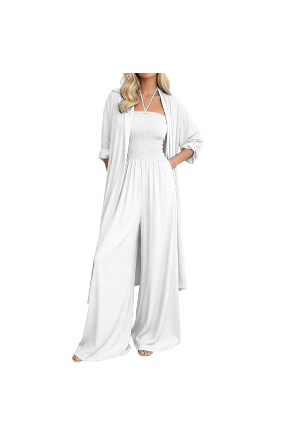 Women's Casual Summer Wide Leg Jumpsuit and Jacket Lightweight Two Piece Plus Size Ensemble White S