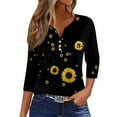 thumbnail image 1 of Women's Casual Sunflower Print Henley Shirt 3/4 Sleeve V Neck Button Down Blouse Loose Fit Tops for Spring Summer, 1 of 5