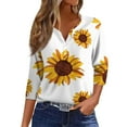 thumbnail image 1 of Women's Casual Sunflower Print Henley Shirt 3/4 Sleeve V Neck Button Down Blouse Loose Fit Tops for Spring Summer, 1 of 5