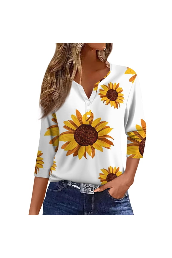 Women's Casual Sunflower Print Henley Shirt 3/4 Sleeve V Neck Button Down Blouse Loose Fit Tops for Spring Summer