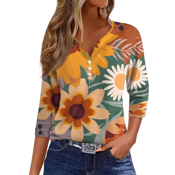 Women's Casual Sunflower Print Henley Shirt 3/4 Sleeve V Neck Button Down Blouse Loose Fit Tops for Spring Summer