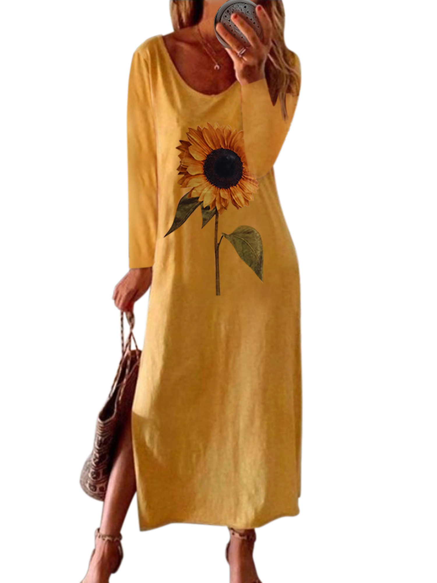 Women's Casual Sunflower Print Long Sleeves Ruffle Dress Print Boho Sundress - image 1 of 3