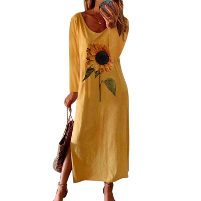 Women's Casual Sunflower Print Long Sleeves Ruffle Dress Print Boho Sundress