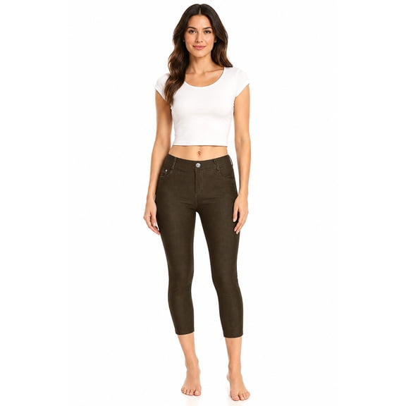 Women's Stretch Denim Capri Jeggings Pull On High Rise Slim Fit Jean Capris with Pockets