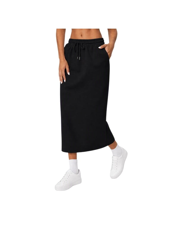 Women's Casual Sweat Midi Skirt Elastic Drawstring Waist Cotton Blend Long Skirt with Side Pockets Slit for Daily Wear Lounge Travel