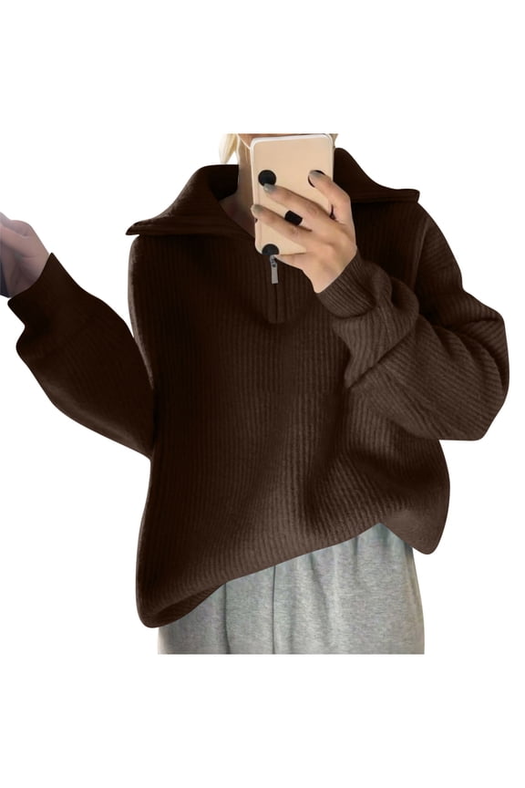 Women's Casual Sweater 1/4 Zipper V Neck Long Sleeve Lapel Pullover Loose Fit Sweaters Fall Winter Tops (Free Size, Coffee)