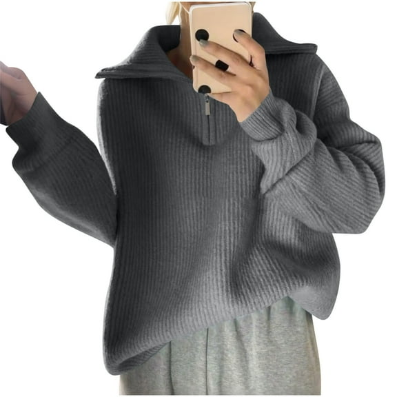Women's Casual Sweater 1/4 Zipper V Neck Long Sleeve Lapel Pullover Loose Fit Sweaters Fall Winter Tops (Free Size, Gray)