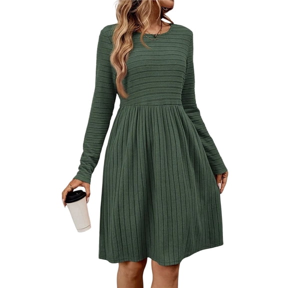Women's Casual Sweater Dress Crew Neck Knit Long Sleeve Dress A-Line Knee Length Fall Winter Dress Dark Green XL
