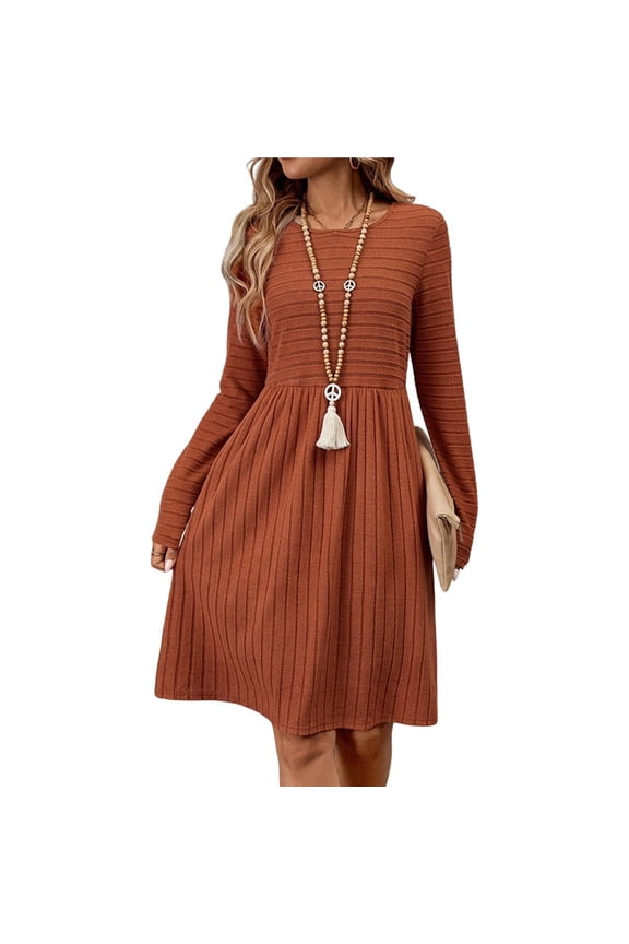 Women's Casual Sweater Dress Crew Neck Knit Long Sleeve Dress A-Line Knee Length Fall Winter Dress Orange M
