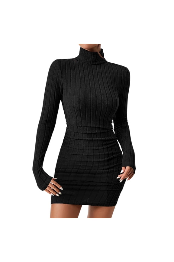 Women's Casual Sweater Dress Turtleneck Ribbed Bodycon Long Sleeve Mini Knit Dresses 2024 Fashion