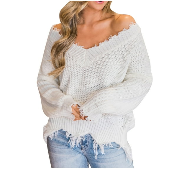 Women's Casual Sweater Fall V Neck Off Shoulder Rib Knit Top Fashion Edge Fringe Long Sleeve Babydoll Pullover