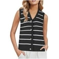 thumbnail image 1 of Women's Casual Sweater Vest Striped Button Down V Neck Sleeveless Cardigan Everyday Casual Knitted Tank Tops, Black, M, 1 of 7