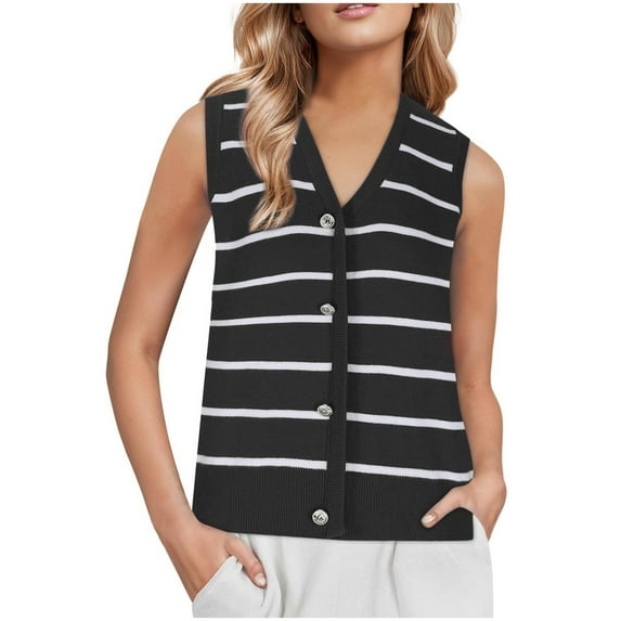 Women's Casual Sweater Vest Striped Button Down V Neck Sleeveless Cardigan Everyday Casual Knitted Tank Tops, Black, S