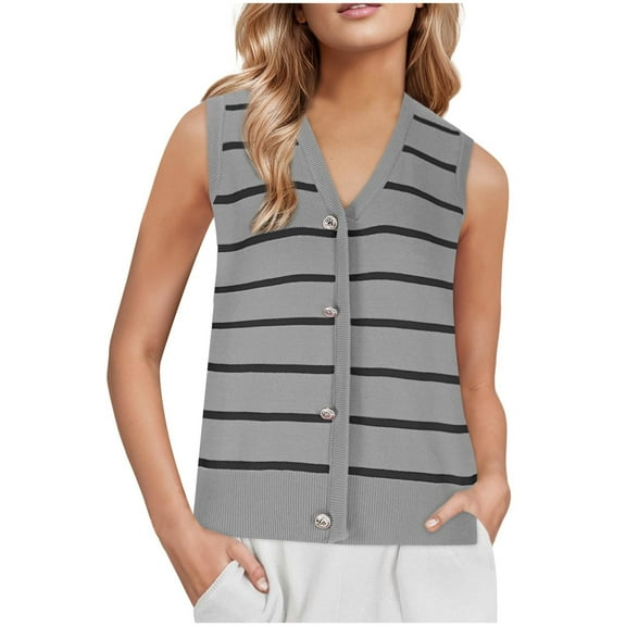 Women's Casual Sweater Vest Striped Button Down V Neck Sleeveless Cardigan Everyday Casual Knitted Tank Tops, Dark Gray, L
