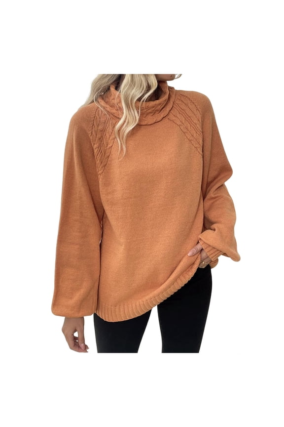 Women's Casual Sweaters 2026 Fall Fashion Turtleneck Long Lantern Sleeve Lightweight Knit Pullover Sweater Tops (L, Orange)
