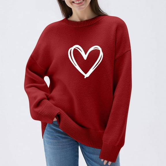 Women's Casual Sweaters Cute Heart Printing Long Sleeve Shirts Winter Thicken Warm Knitting Sweaters Crewneck Blouses Pullover Tops Plus Size