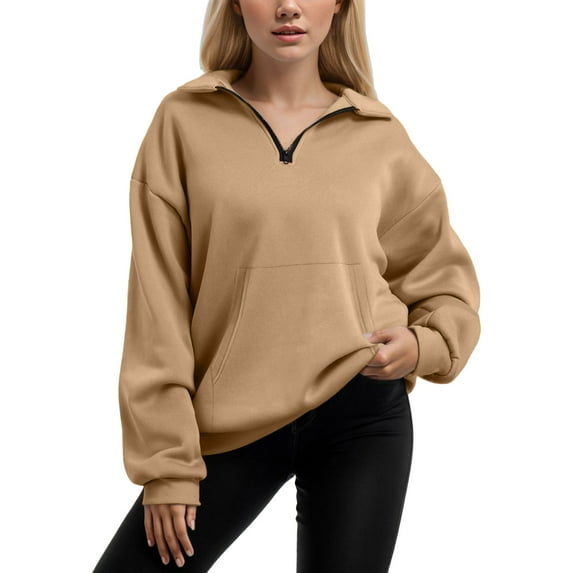 Women's Casual Sweatshirt Quarter Zip up Solid Color V Neck Long Sleeved Pullover Fall Outfits Lightweight Comfy Y2k Tops 2025 with Pockets