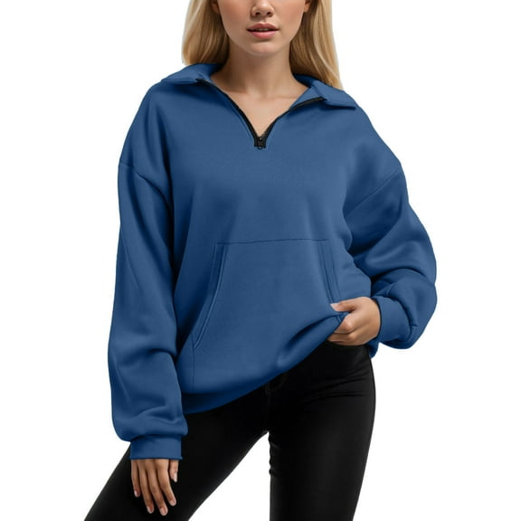 Women's Casual Sweatshirt Quarter Zip up Solid Color V Neck Long Sleeved Pullover Fall Outfits Lightweight Comfy Y2k Tops 2025 with Pockets