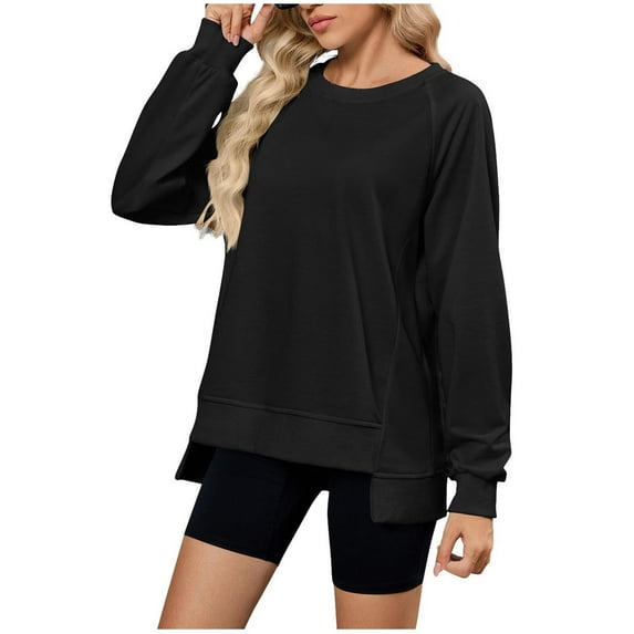 Women's Casual Sweatshirts Fashion Split Hem Oversized Sweatshirt for Women Crewneck Raglan Shirts Long Sleeve Pullover Tops Fall Blouses