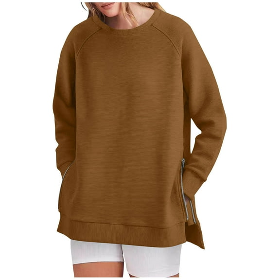 Women's Casual Sweatshirts Long Sleeve Shirts Round Neck Pullover Top Side Zipper Solid Color Hoodless Sweatshirt Sports Lightweight Blouses