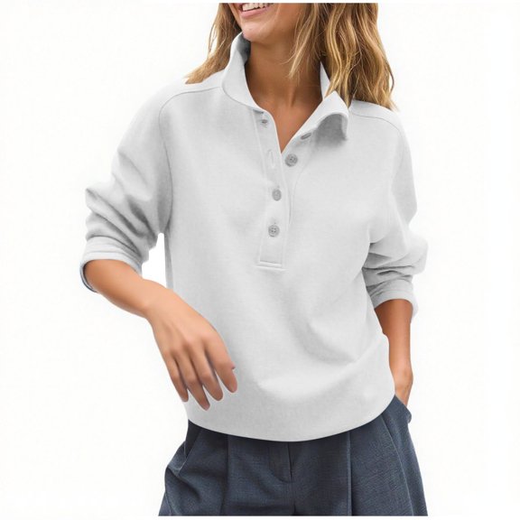 Husipze Women's Casual Sweatshirts Long Sleeved Solid Color Turndown Collar Fashion Pullover Tops Button Comfortable Daily Sweatshirt White L
