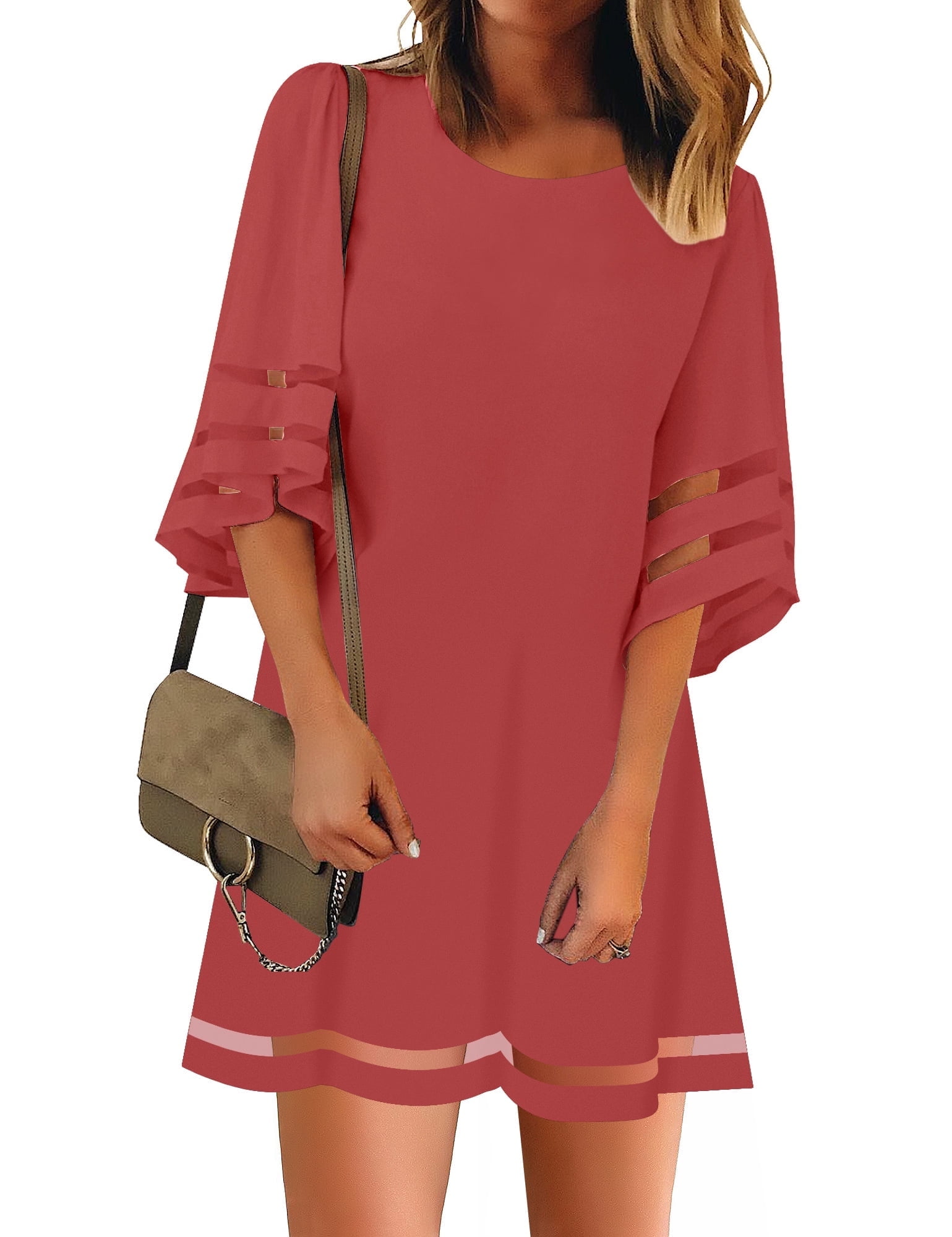 Women's Casual Swing Shift Dresses Mesh Panel Bell Sleeve Dress Cranberry  Size M - Walmart.com