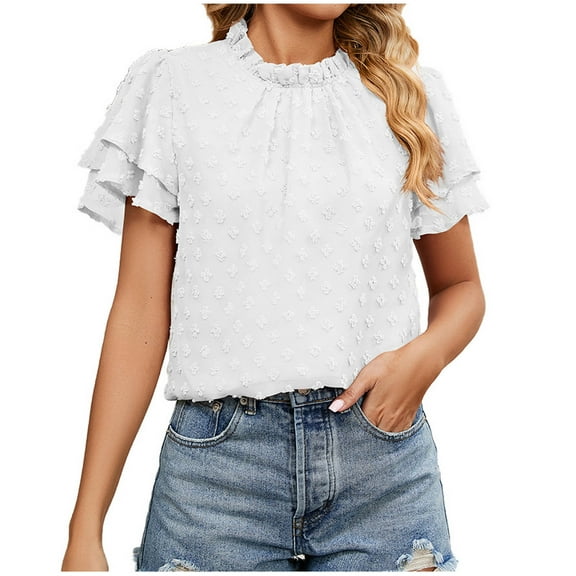 Women's Casual Swiss Dot Ruffle Short Sleeve Chiffon Blouse Flowy Crew Neck Pom Shirts