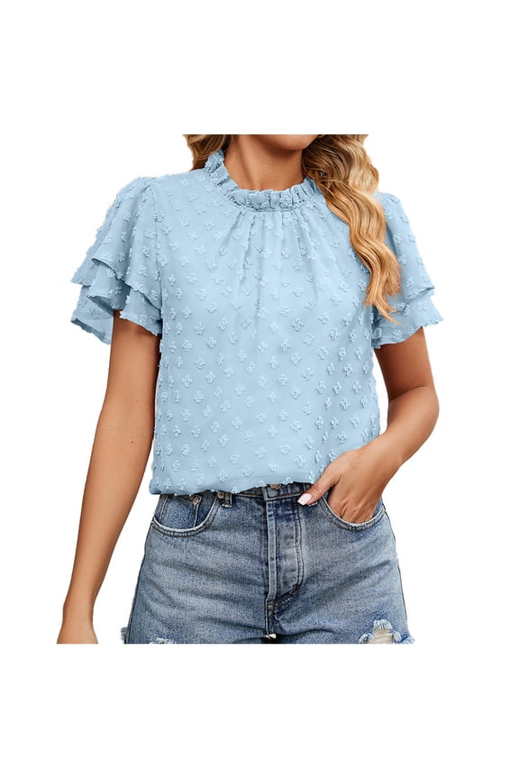 Women's Casual Swiss Dot Ruffle Short Sleeve Chiffon Blouse Flowy Crew Neck Pom Shirts