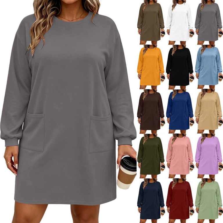 Women's Casual T Shirt Dress Long Sleeve Crewneck Loose Fit Winter Mini Dress with Pockets Soft Lightweight Comfortable Daily Wear for Home Travel Shopping