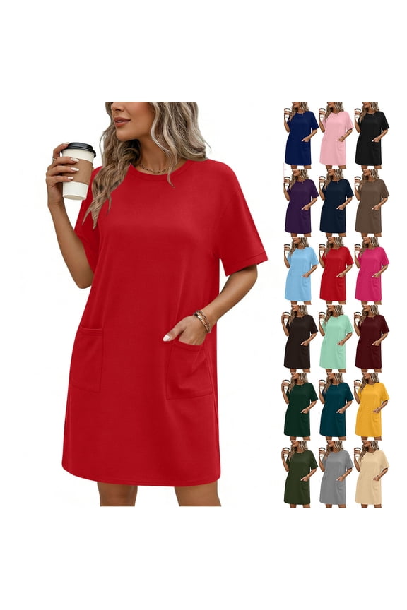 Women’s Casual T Shirt Dress Short Sleeve Crewneck Loose Fit Summer Mini Dress with Pockets Soft Lightweight Comfortable Daily Wear for Home Travel Shopping