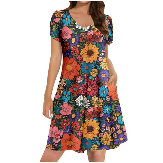 Women's Casual T Shirt Dress Summer Short Sleeve Swing V Neck Flowy Beach Dress With Pockets H-Multicolor