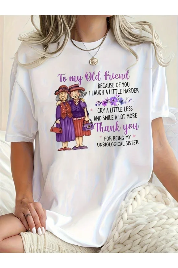 Women's Casual T-Shirt, Friendship Theme Cartoon Design, Fun Text Short-Sleeve Top, Perfect Gift For Old Friends And Best Friend