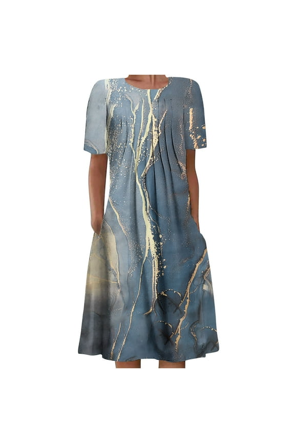 Women's Casual T Shirt Midi Dress Short Sleeve Pleats Sundress Boho Floral Print Tunic Shirt Dresses with Pockets