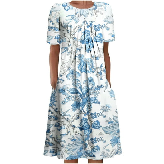 Women's Casual T Shirt Midi Dress Short Sleeve Pleats Sundress Boho Floral Print Tunic Shirt Dresses with Pockets