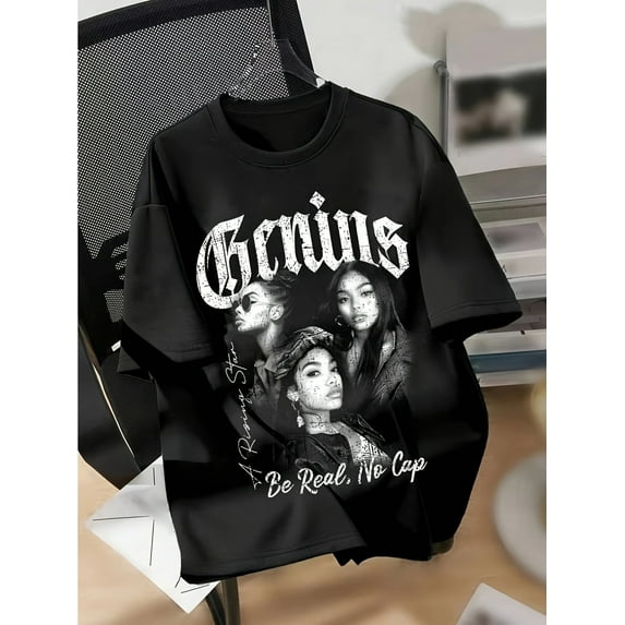 Women's Casual T-Shirt with Portrait Print, Cotton Knit Fabric, Round Neck, Regular Fit - All Seasons, Ladies Comfy Tees, Casual Sporty Tee, Summer Gifts