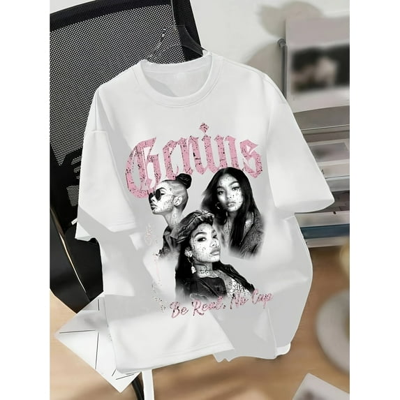Women's Casual T-Shirt with Portrait Print, Cotton Knit Fabric, Round Neck, Regular Fit - All Seasons, Ladies Comfy Tees, Casual Sporty Tee, Summer Gifts